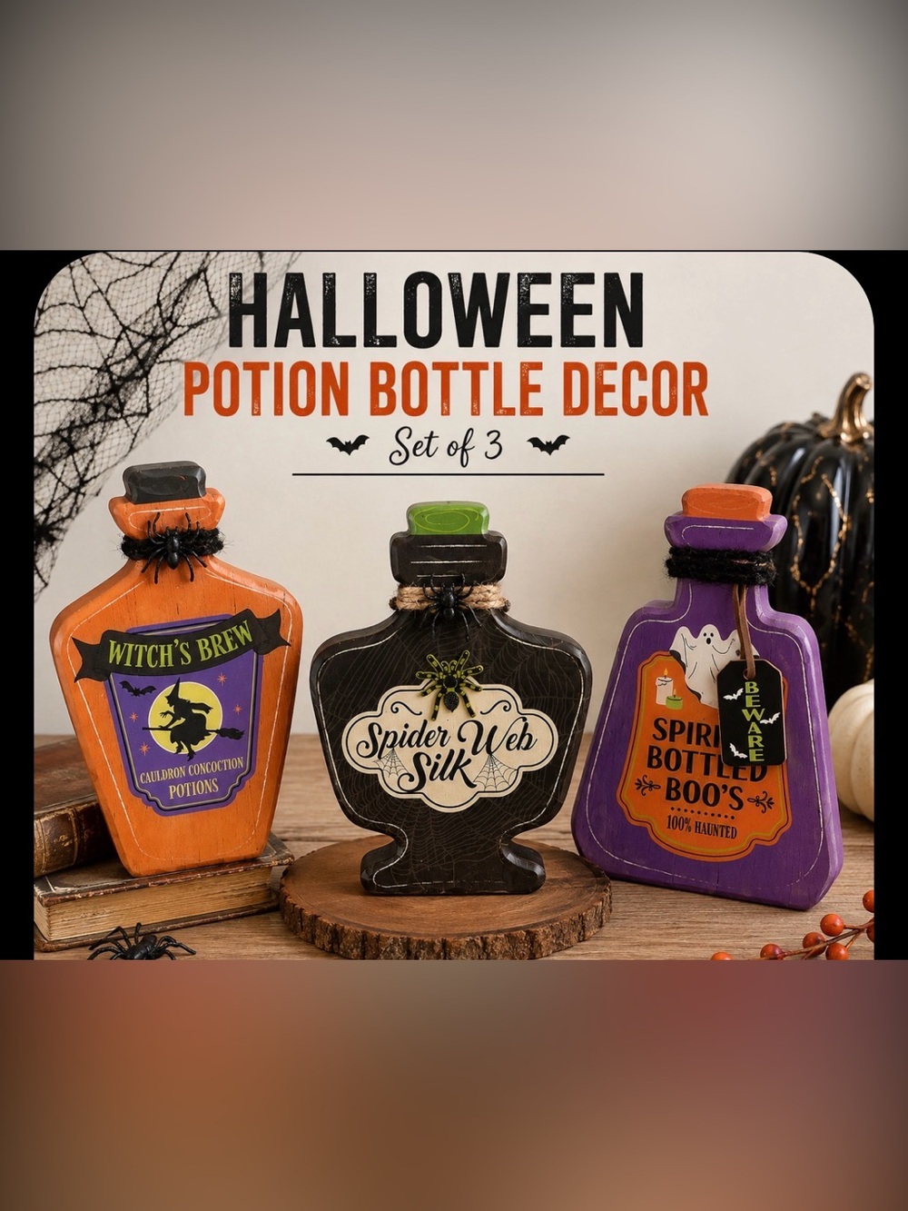 Halloween Potion Bottle Decor Set of 3 | Witch’s Brew Spider Web & Boo’s